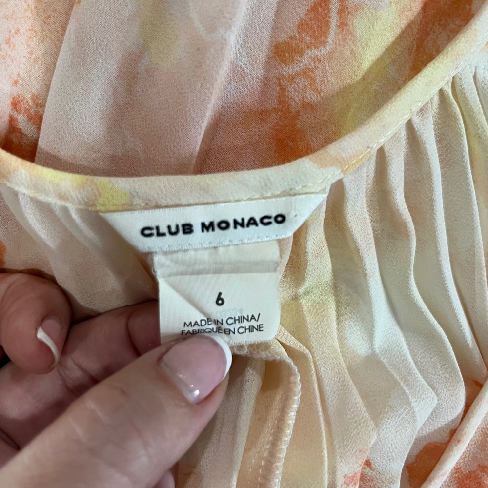 Club Monaco Orange Watercolor Floral Pleated Chiffon V-Neck Shift Dress Size 6 - Picture 6 of 7